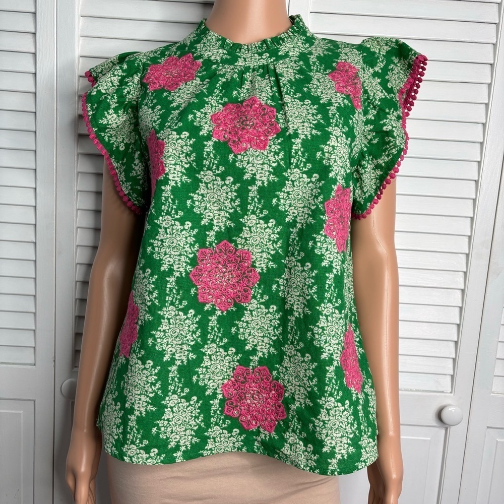 THML Green Pink Floral Ruffled Cap Sleeve Blouse Size Small - Picture 1 of 9